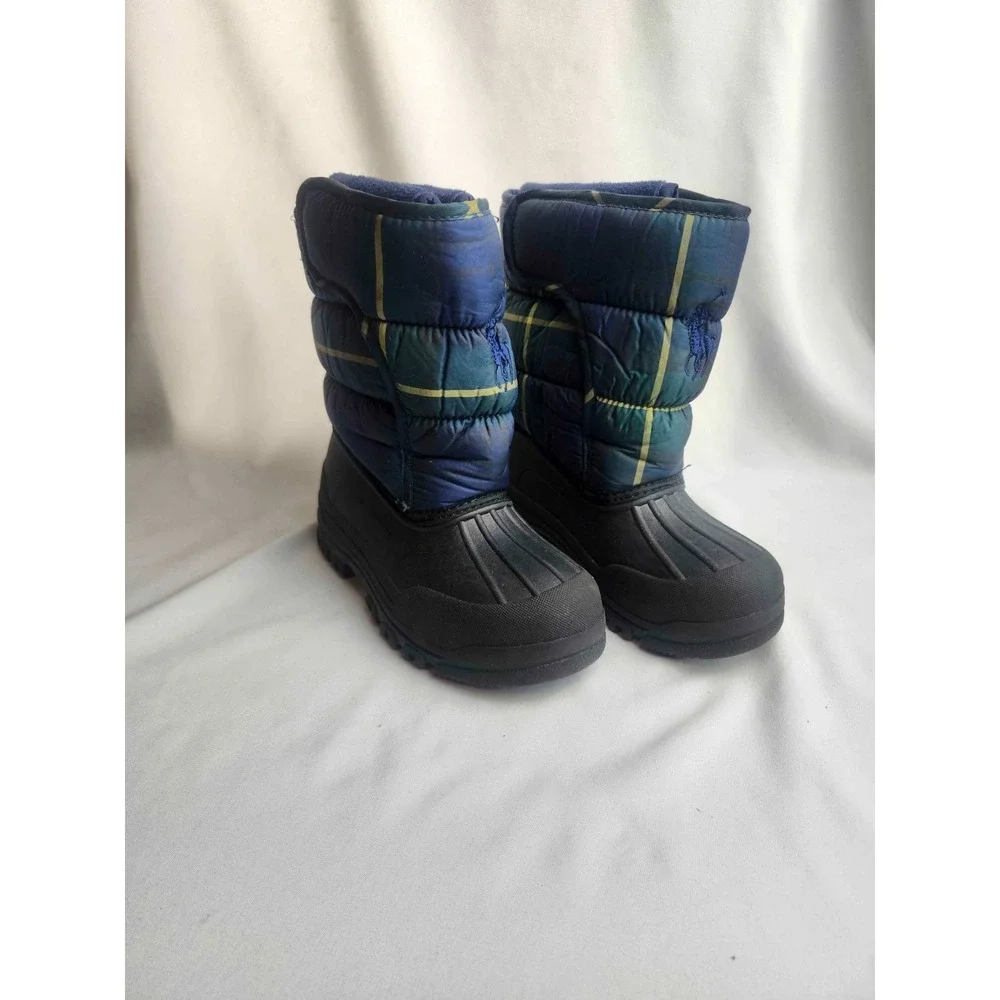 Polo Ralph Lauren Hamilten II Kids Snow Boots Size 10 Navy Plaid Large Pony Logo